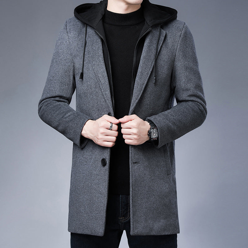 Chaqueta de abrigo de invierno de lana con capucha desmontable para hombre de longitud media con un solo pecho