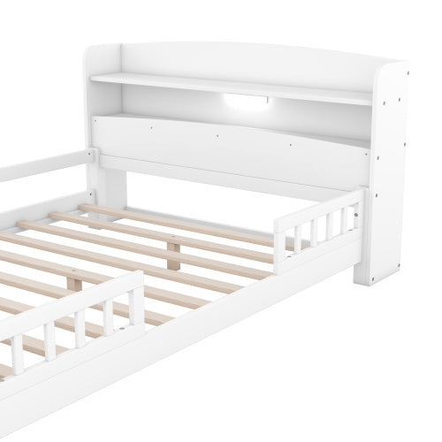 Cama de plataforma de madera tamaño completo con luz LED incorporada, cabecero con espacio de almacenamiento y barandilla, color blanco