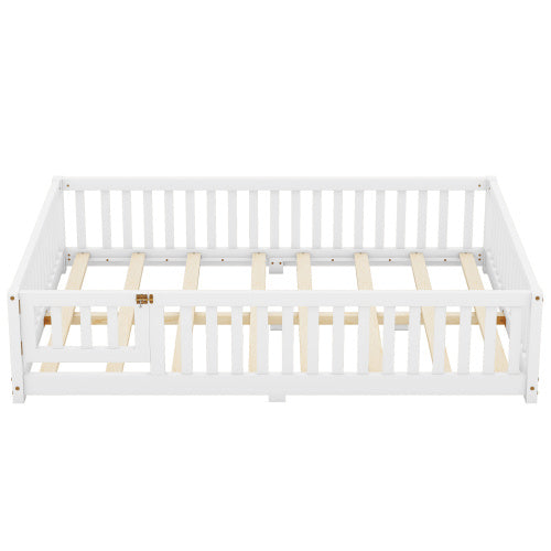 Cama de tamaño completo con barandillas de seguridad y puerta para niños, color blanco