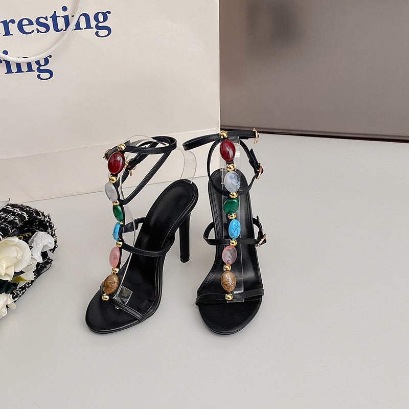 Sandalias de tacón alto con hebilla y cuentas de colores para mujer, zapatos de fiesta de verano