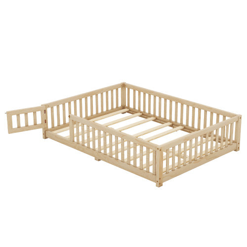 Cama de tamaño completo con barandillas de seguridad y puerta para niños, color natural