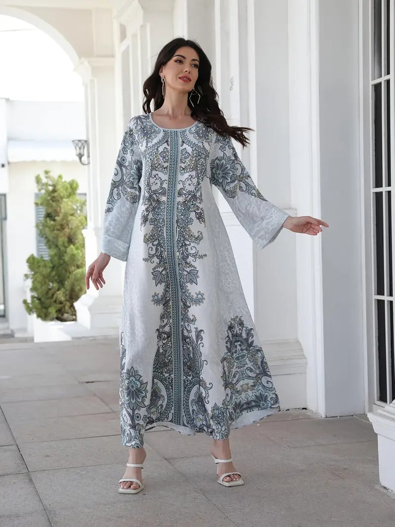 Vestido tipo túnica de manga larga estampado para mujer - Suave y elástico