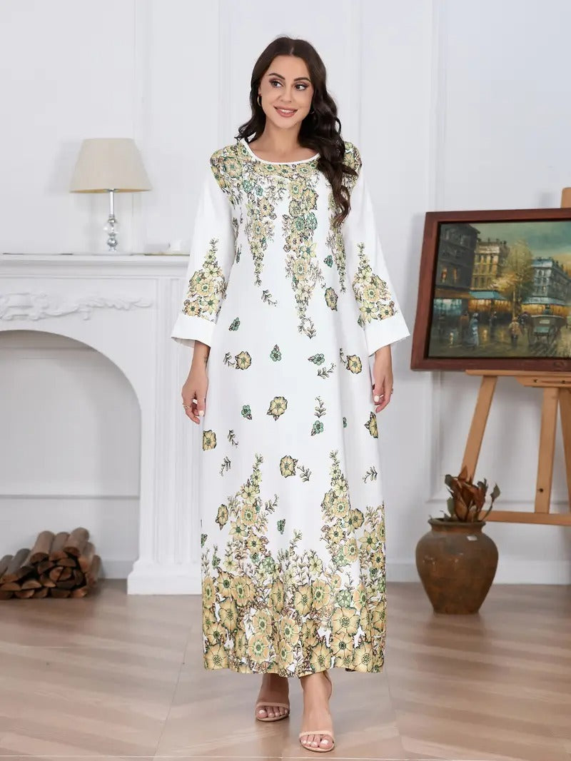 Elegante vestido de noche con flores y diamantes - Vestido largo de mujer con cuello redondo y manga larga