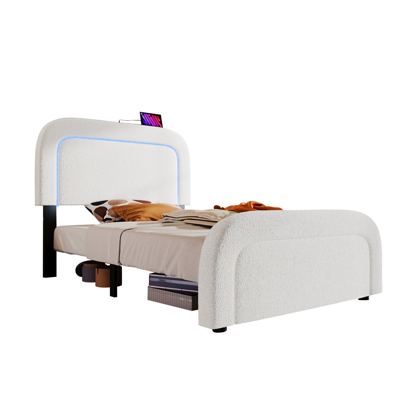 El marco de cama de madera tiene un colchón de 90 cm x 200 cm.