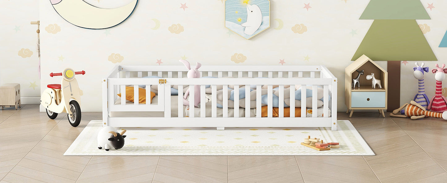 Twin Size Bed Floor Bed With Safety Guardrails And Door For Kids, White