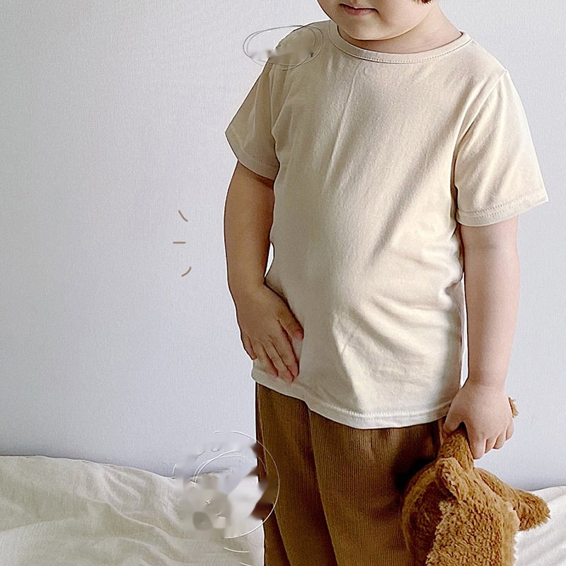 Conjunto de camiseta de manga corta con cuello redondo, color liso, para niños pequeños