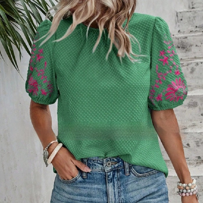 Women's SpringSummer Embroidered Crew Neck Bubble Short Sleeve Shirt Top