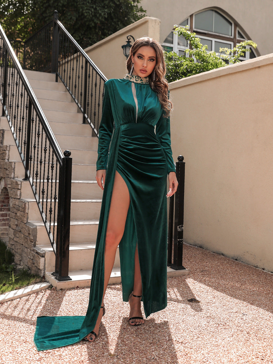 Vestido de noche sexy de terciopelo coreano con cuello alto para mujer