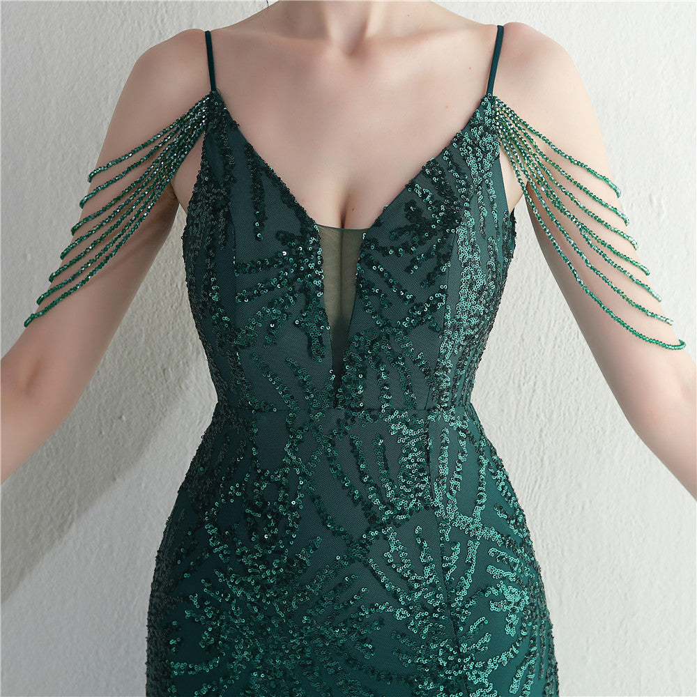 Vestido de noche largo camisola de malla con cuentas para novias y cenas de boda