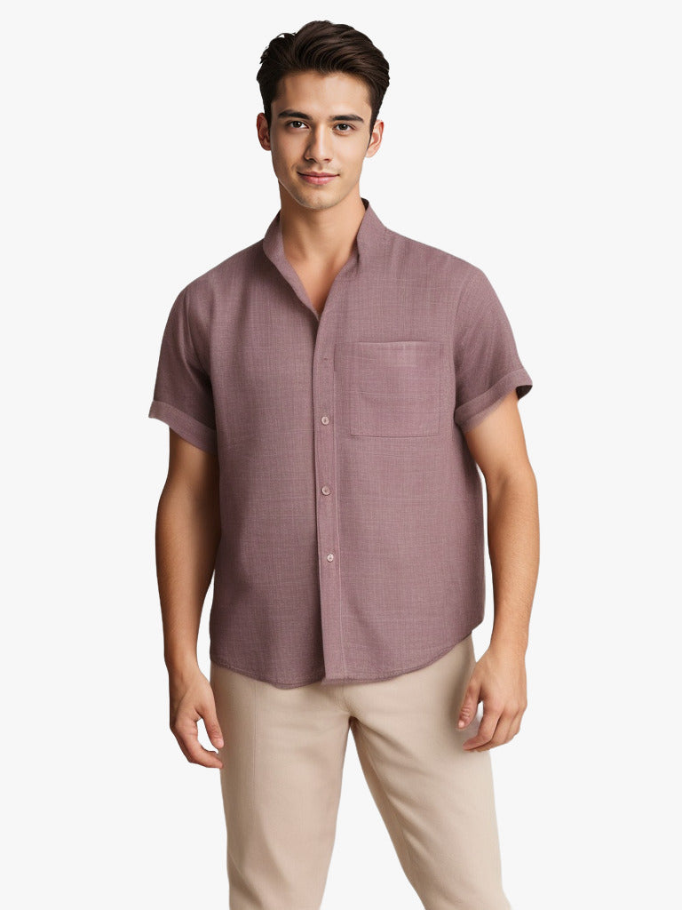 Camisa de solapa de manga corta de color liso, Top de algodón y lino transpirable de verano, ropa para hombre