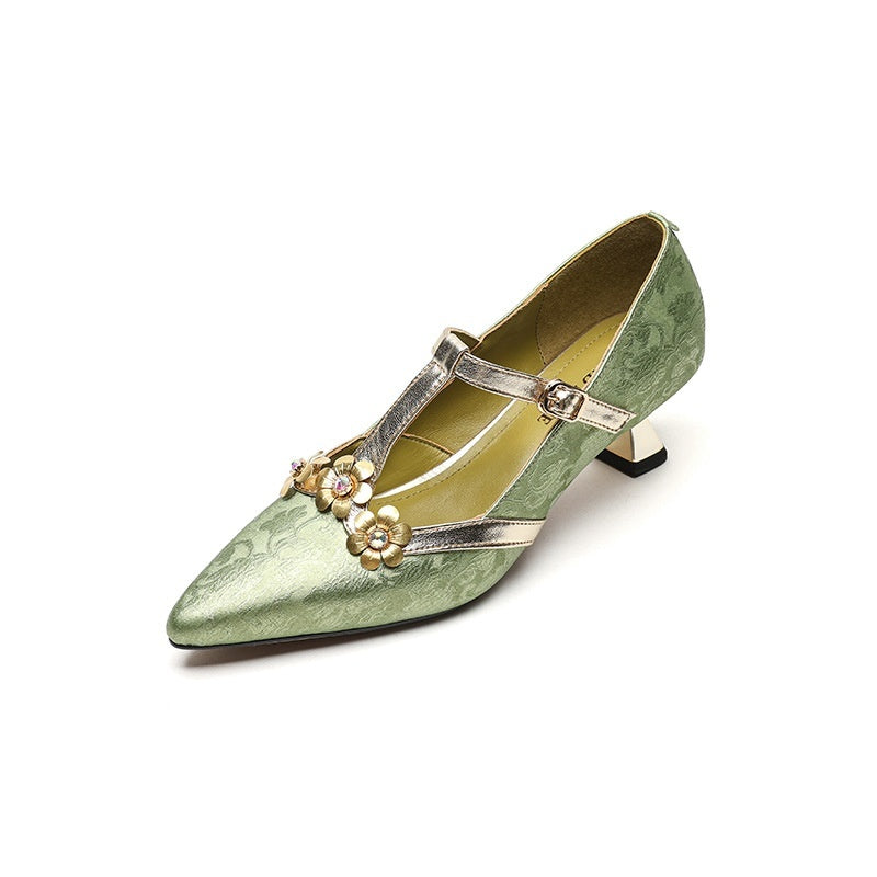 Stiletto Heel T-shaped Flower Leather Pointed High Heel Shoes