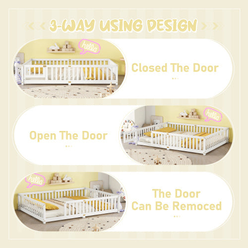 Cama Queen Size con base de suelo y barandillas de seguridad para niños, color blanco