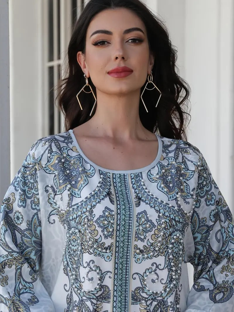 Vestido tipo túnica de manga larga estampado para mujer - Suave y elástico