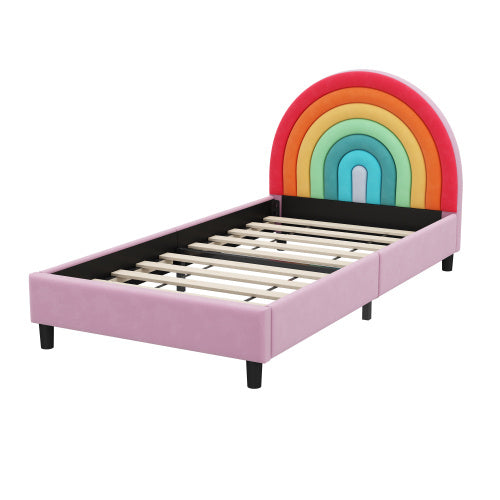Cama individual tapizada con diseño de arcoíris, estilo princesa, para niños, niñas y adolescentes.