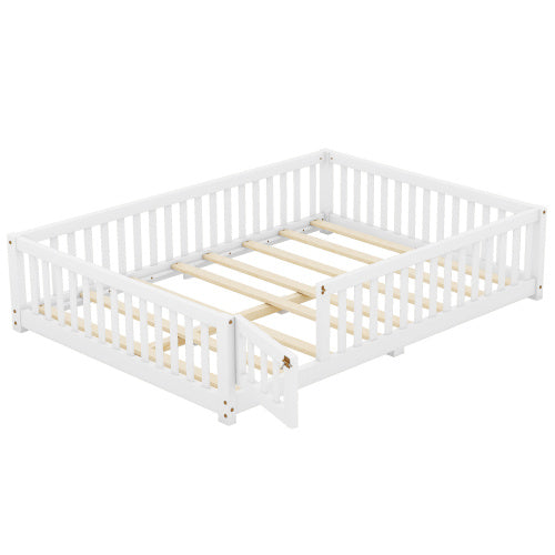 Cama de tamaño completo con barandillas de seguridad y puerta para niños, color blanco