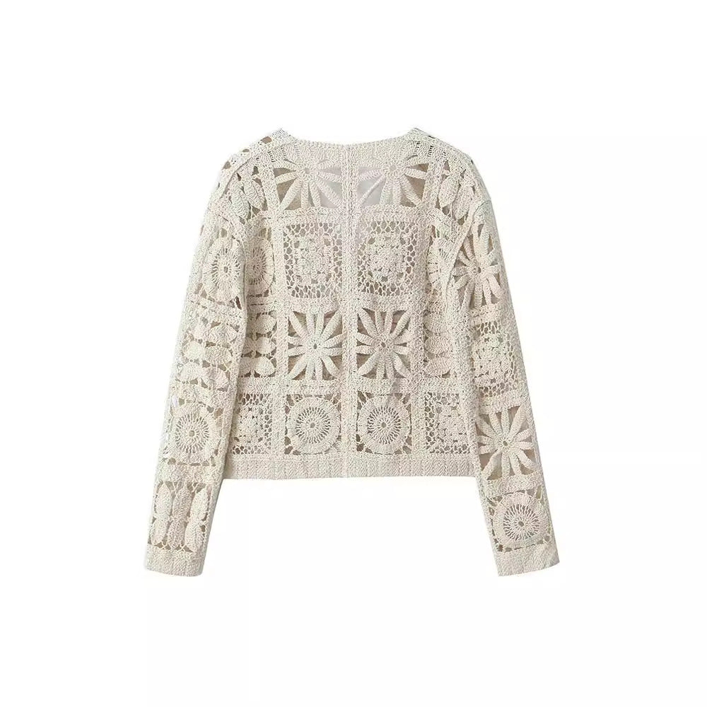 Women's Fashion Three-dimensional Hollow-out Crocheted V-neck Knitted Cardigan Wide-leg Lace Pants