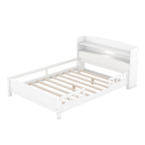 Cama de plataforma de madera tamaño completo con luz LED incorporada, cabecero con espacio de almacenamiento y barandilla, color blanco
