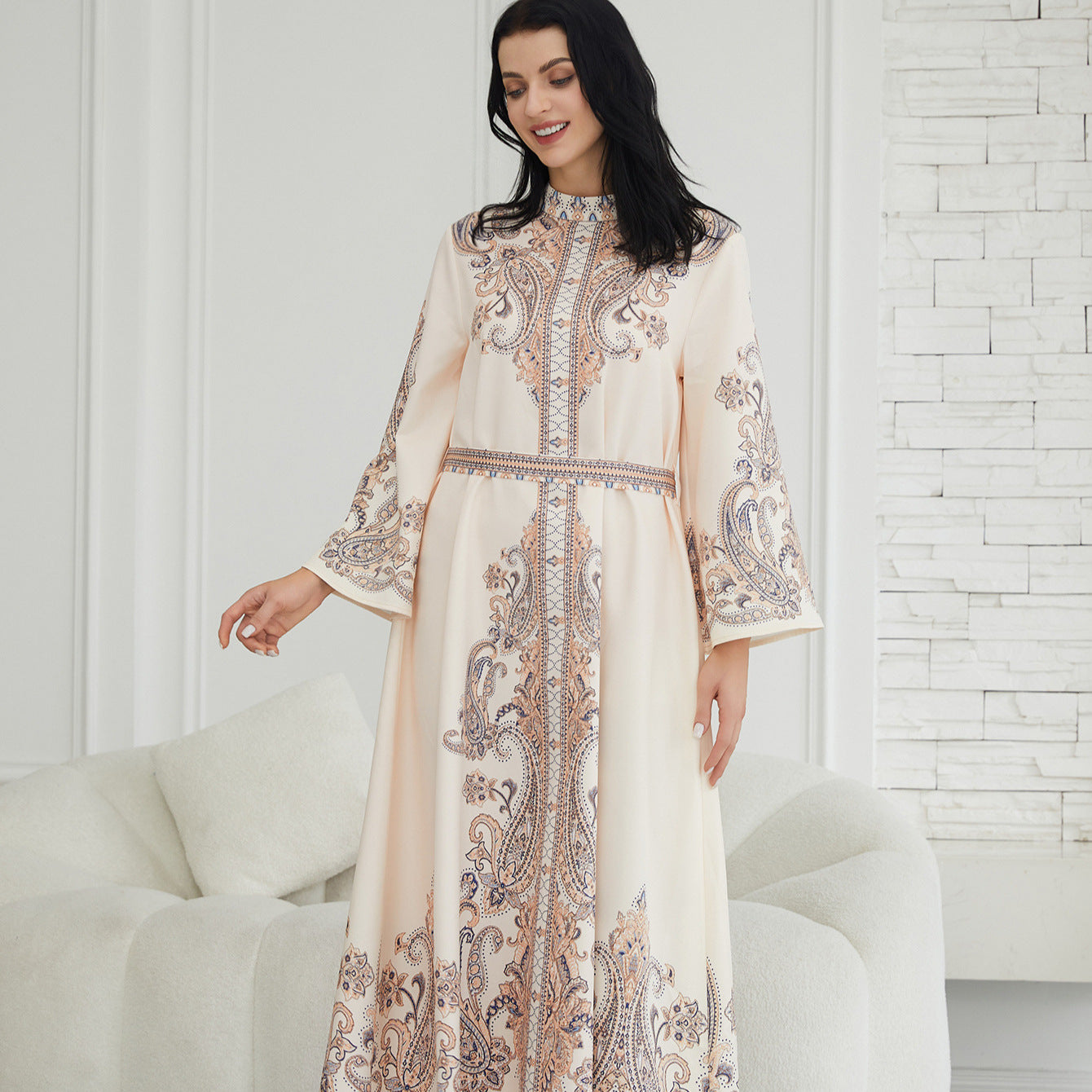 Stand Collar Printing Long Retro Muslim Dress