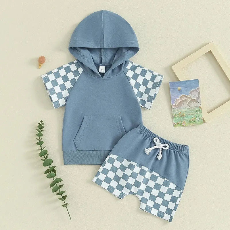 Traje de pantalones cortos y forro polar con capucha a cuadros para niños europeos y americanos de verano