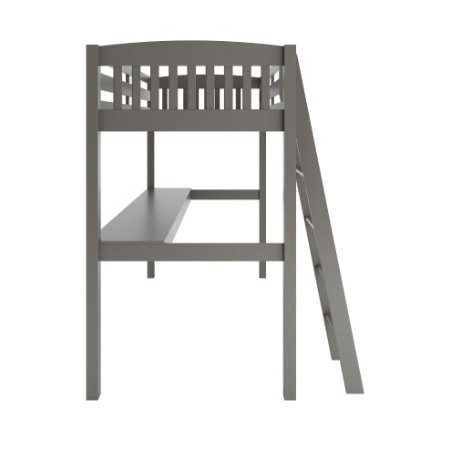 Cama alta Everest gris con escritorio y espacio de almacenamiento. Estructura de madera maciza resistente de tamaño completo con escaleras para niños pequeños. No necesita somier.