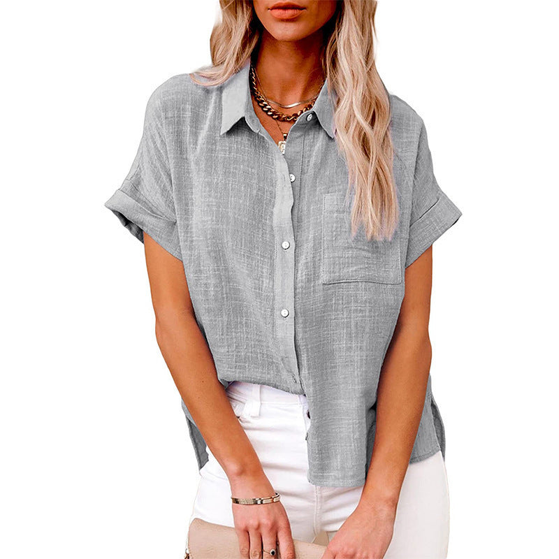 Camisa de manga corta con solapa de verano y bolsillos, moda informal, color liso, con botones, ropa para mujer