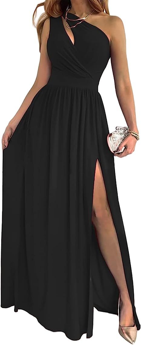 Vestido largo de cóctel elegante y sexy sin mangas con abertura alta y un hombro para mujer