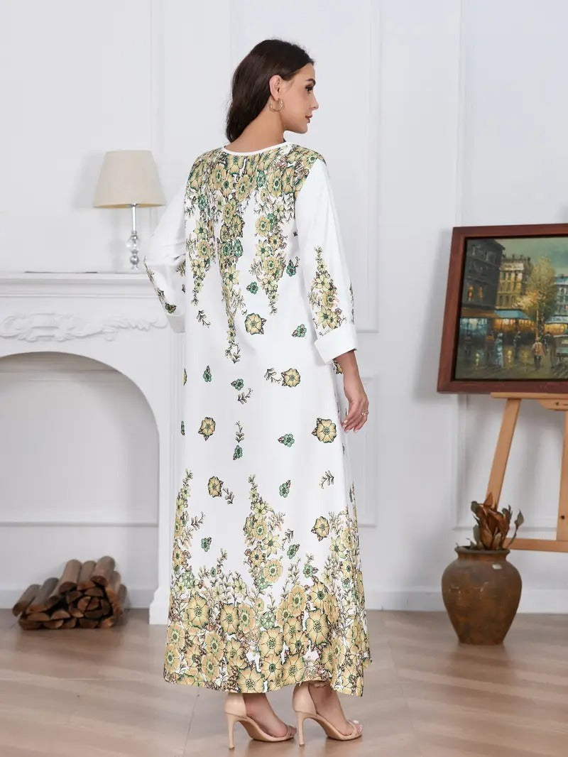Elegante vestido de noche con flores y diamantes - Vestido largo de mujer con cuello redondo y manga larga