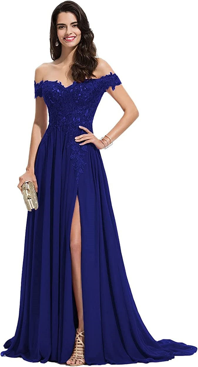 Vestido de fiesta largo con hombros descubiertos y abertura de encaje para mujer