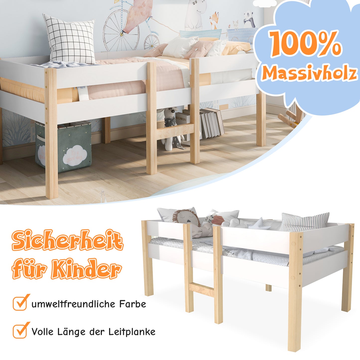 Cama infantil de pino de 90 x 190 cm