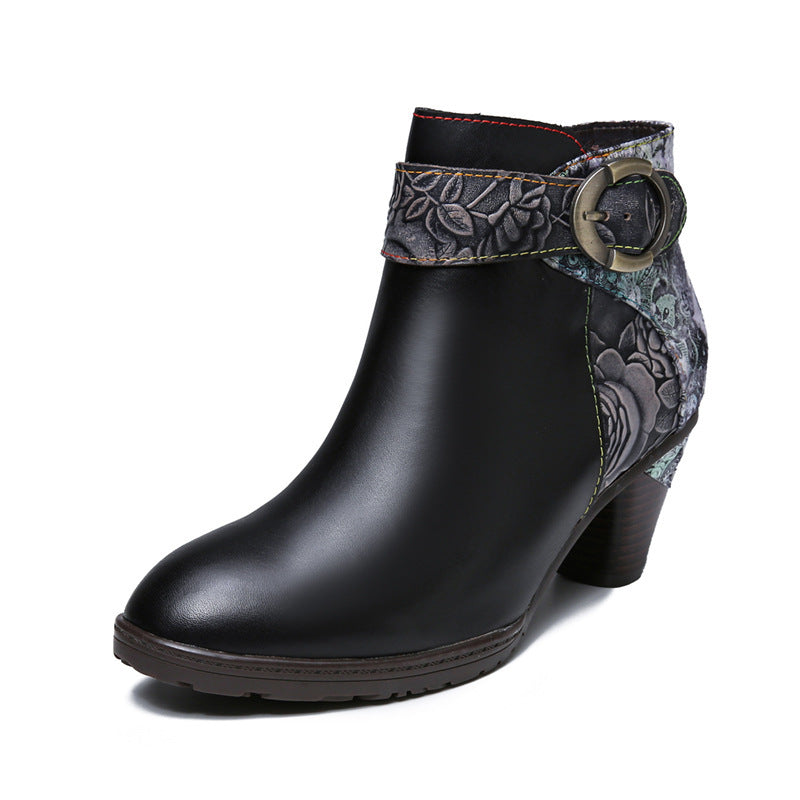 Botas de moda con hebilla de lazo de cuero con cremallera lateral Botas de tobillo Zapatos de tacón medio para mujer