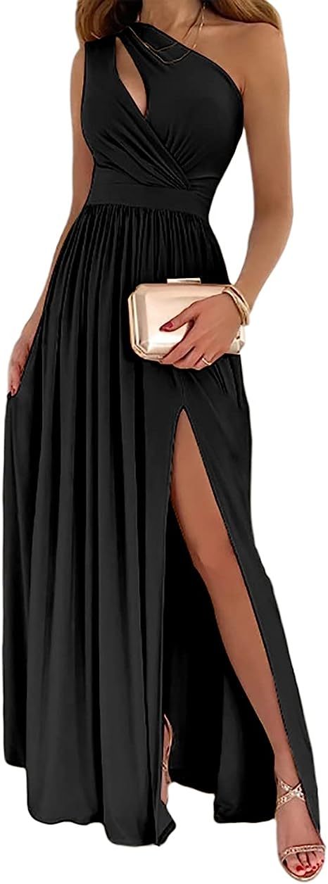 Vestido largo de cóctel elegante y sexy sin mangas con abertura alta y un hombro para mujer