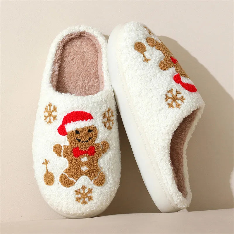 Zapatillas navideñas de pan de jengibre con copos de nieve para mujer, zapatos de casa peludos antideslizantes para interiores, para invierno