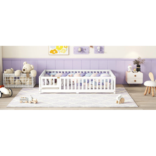 Cama de tamaño completo con barandillas de seguridad y puerta para niños, color blanco