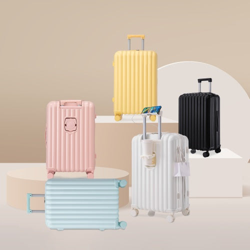 ABS Spinner Wheel Luggage Carry On Suitcase With Cup Holder USB Port Phone Holder 20 24 28