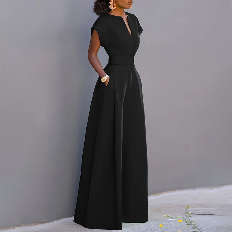 Women's V-Neck Solid Color Short Sleeve Jumpsuit Wide Leg A-Line Waist Tied Casual Summer Outfit