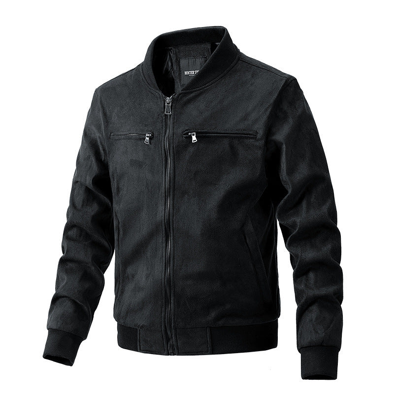 Chaqueta de ante con cuello alto para hombre Ropa con bolsillo con cremallera doble para hombre