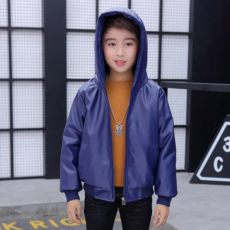 Chaqueta de cuero de PU Abrigo acolchado con capucha para niños