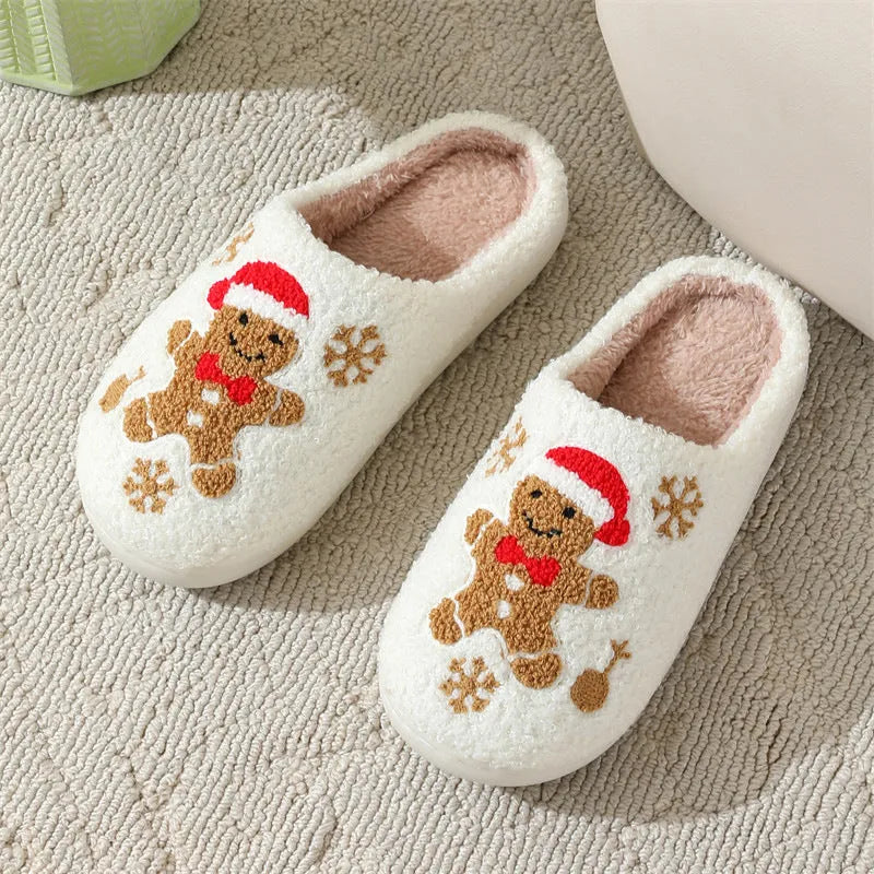 Zapatillas navideñas de pan de jengibre con copos de nieve para mujer, zapatos de casa peludos antideslizantes para interiores, para invierno