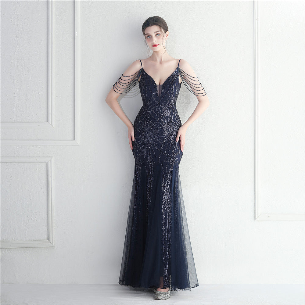 Vestido de noche largo camisola de malla con cuentas para novias y cenas de boda
