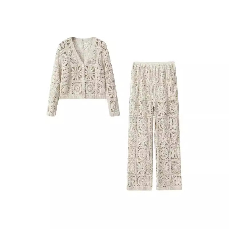 Women's Fashion Three-dimensional Hollow-out Crocheted V-neck Knitted Cardigan Wide-leg Lace Pants