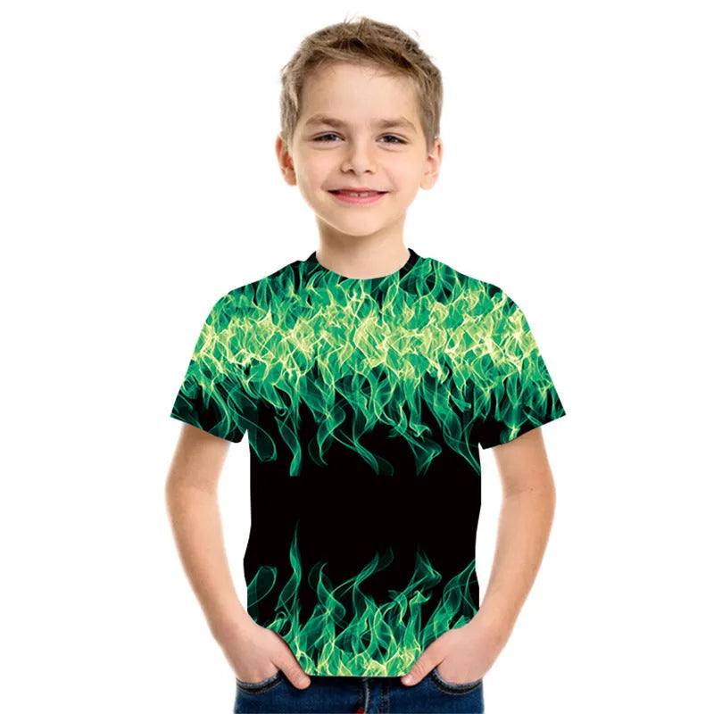 Camiseta de manga corta con estampado 3D de llamas de tres colores para niño nueva