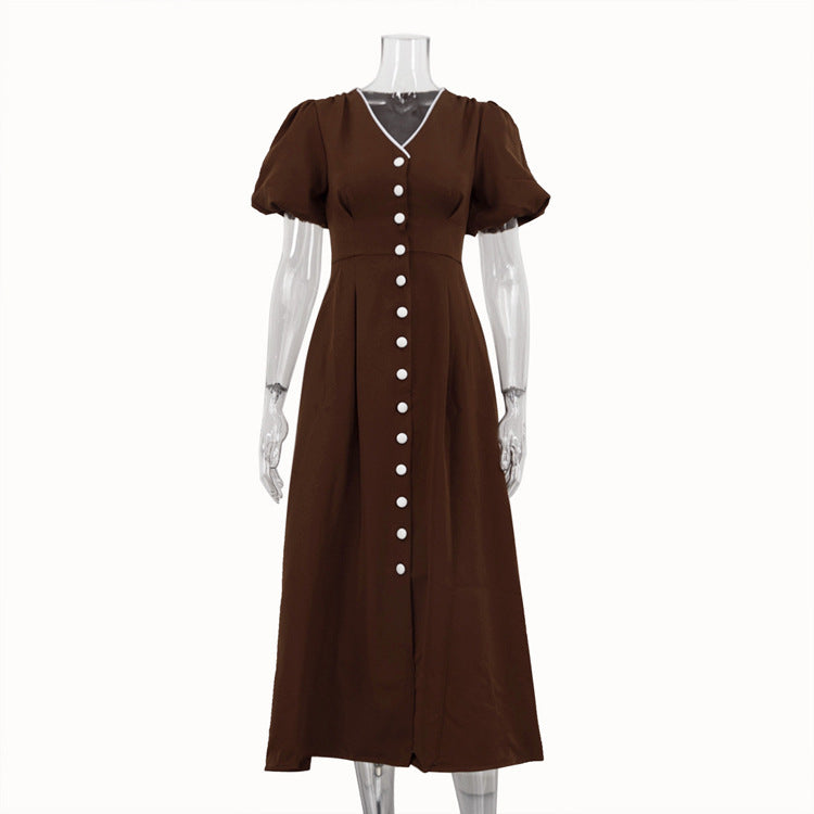 V-neck Puff Sleeve Single-breasted Dress