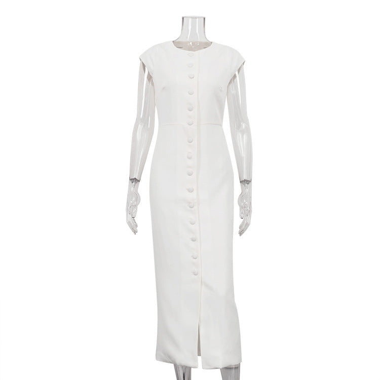 Waist-tight Single-breasted White Sheath Round Neck Flying Sleeves Dress
