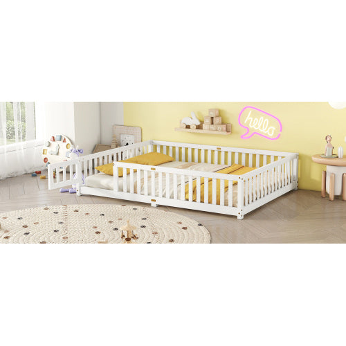 Cama Queen Size con base de suelo y barandillas de seguridad para niños, color blanco