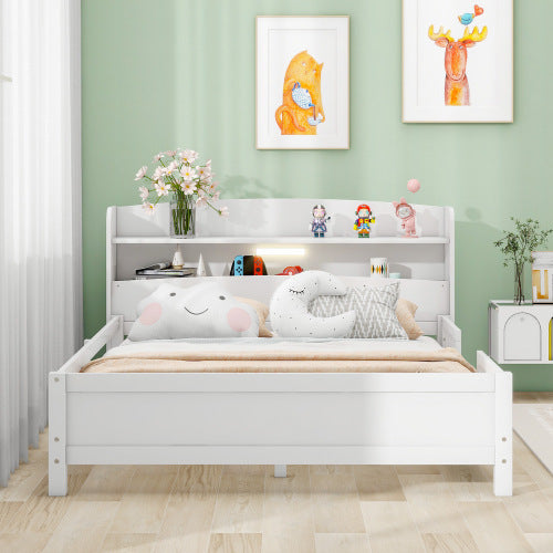 Cama de plataforma de madera tamaño completo con luz LED incorporada, cabecero con espacio de almacenamiento y barandilla, color blanco