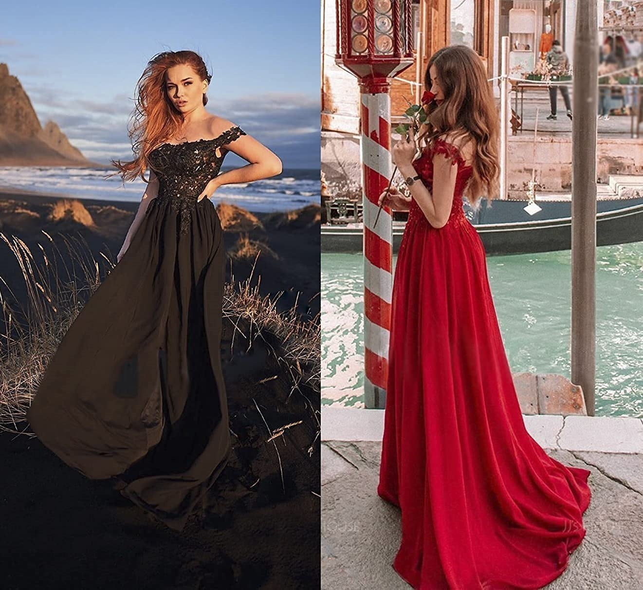 Vestido de fiesta largo con hombros descubiertos y abertura de encaje para mujer