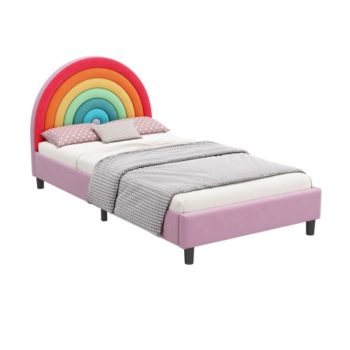 Cama individual tapizada con diseño de arcoíris, estilo princesa, para niños, niñas y adolescentes.