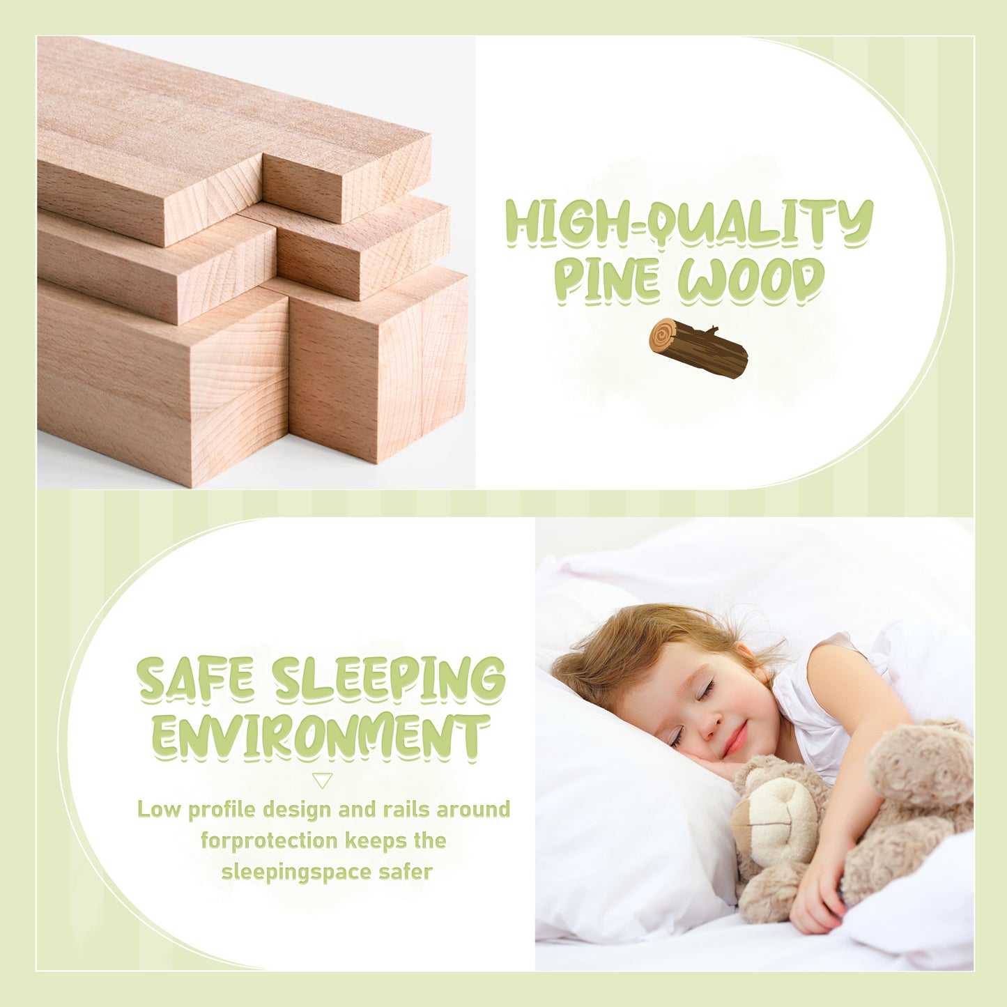 Twin Size Bed Floor Bed With Safety Guardrails And Door For Kids, Natural