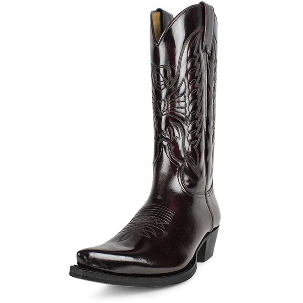 Bota de vaquero occidental de tacón alto puntiagudo bordada para hombres y mujeres europeos y americanos