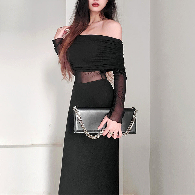 Vestido de poliéster de manga larga, plisado, con hombros descubiertos y sexy para mujer, de invierno
